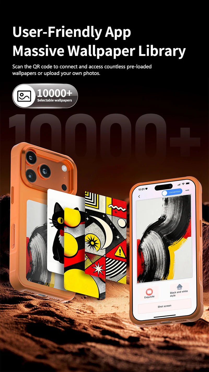 Fonlyu 1pc NFC E-ink Screen Phone Case with Bracket for iPhone 17 pro Max Magnetic Phone Protector Covers Black Grey Orange