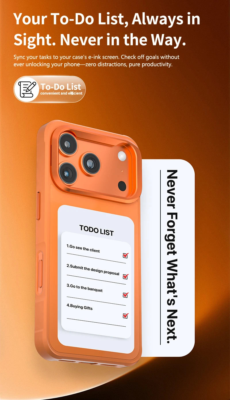 Fonlyu 1pc NFC E-ink Screen Phone Case with Bracket for iPhone 17 pro Max Magnetic Phone Protector Covers Black Grey Orange