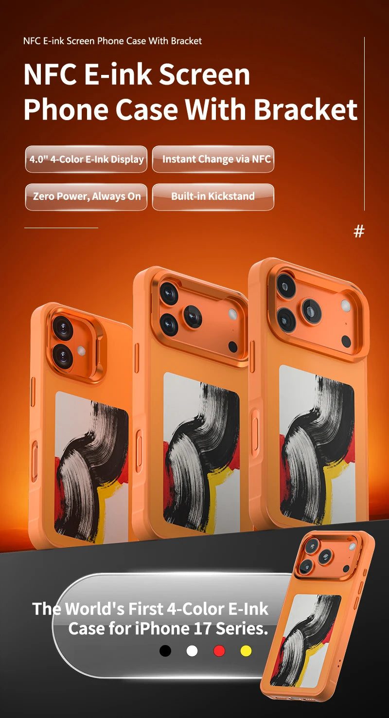 Fonlyu 1pc NFC E-ink Screen Phone Case with Bracket for iPhone 17 pro Max Magnetic Phone Protector Covers Black Grey Orange