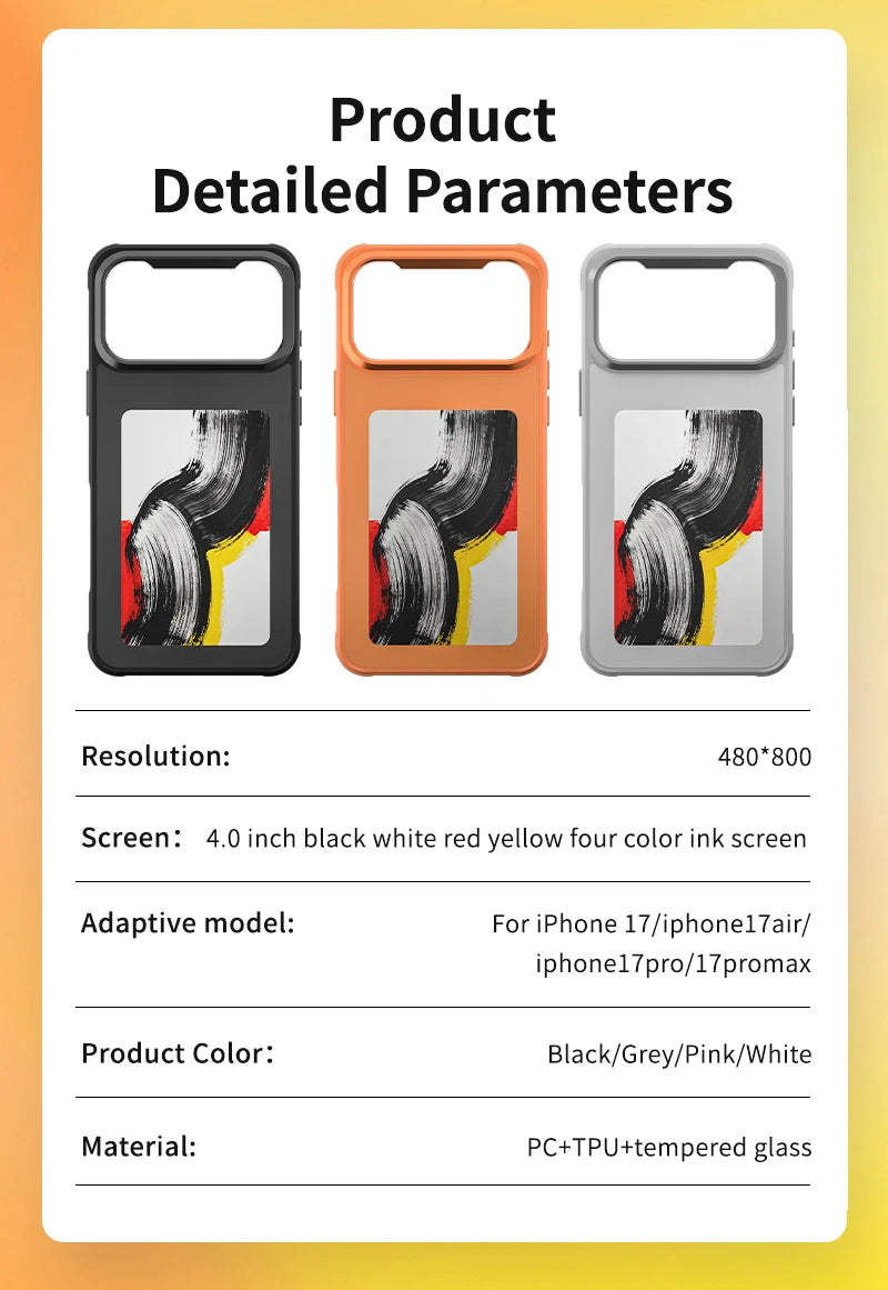 Fonlyu 1pc NFC E-ink Screen Phone Case with Bracket for iPhone 17 pro Max Magnetic Phone Protector Covers Black Grey Orange