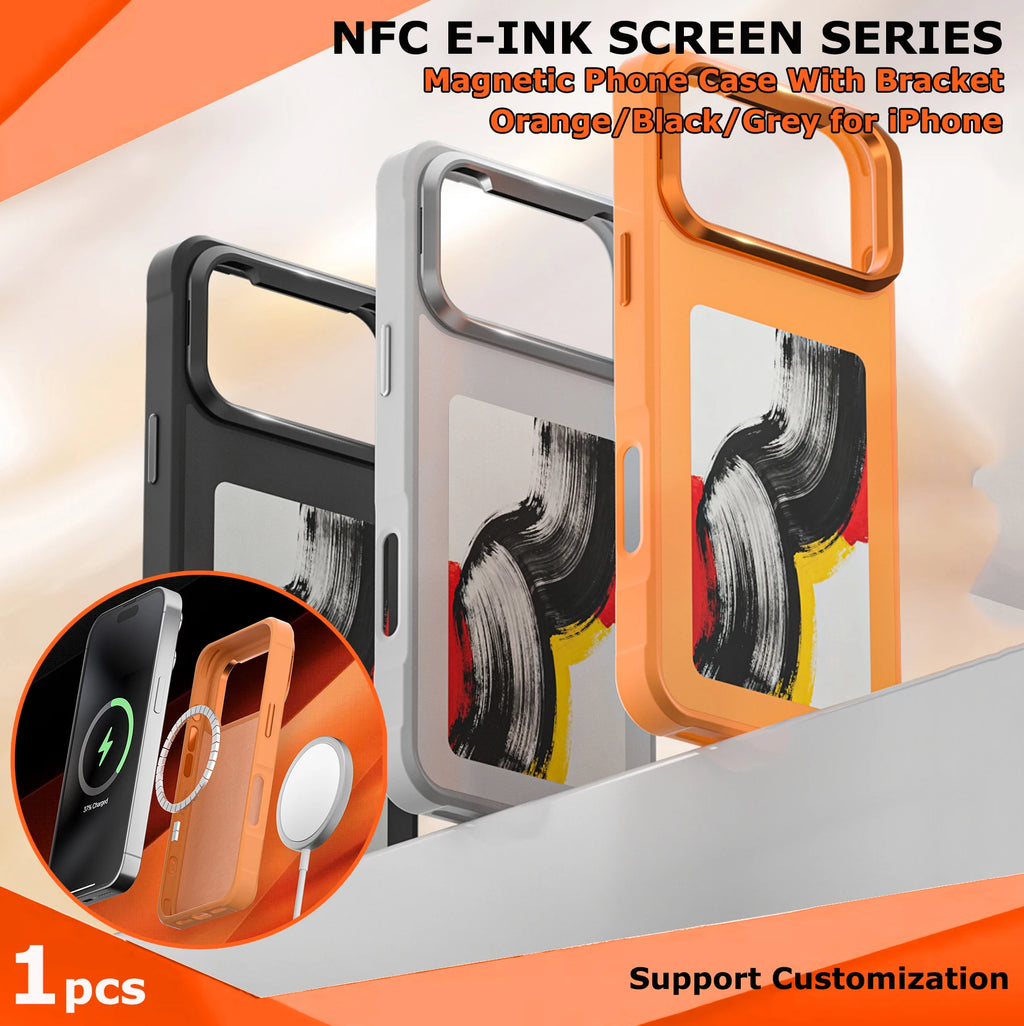 Fonlyu 1pc NFC E-ink Screen Phone Case with Bracket for iPhone 17 pro Max Magnetic Phone Protector Covers Black Grey Orange